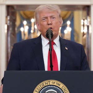 President Donald Trump speaks from the Cross Hall of the White House on April 1, 2026 in Washington, DC. Trump used the prime-time address to update the nation on the war in Iran.