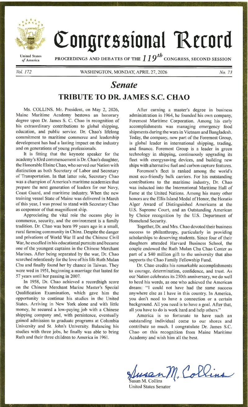 Chao posted a tribute from Maine Senator Susan Collins.