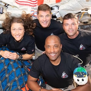 The Artemis II crew: Christina Koch, Jeremy Hansen, Reid Wiseman, and Victor Glover, pictured on April 7.
