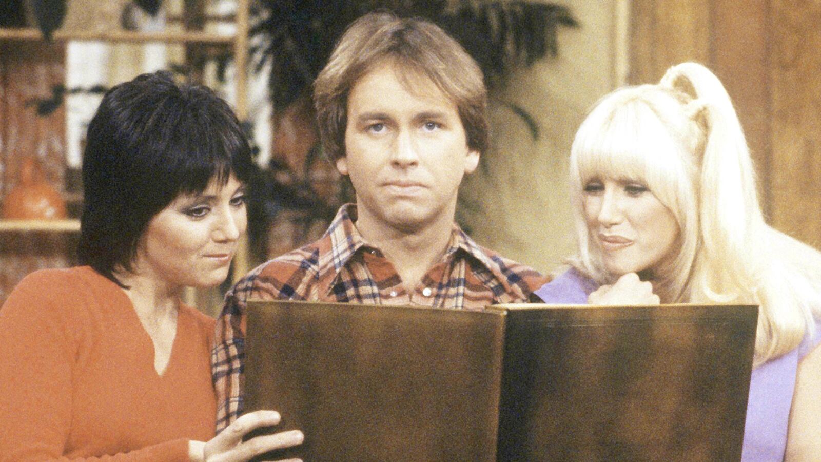 UNITED STATES - FEBRUARY 26: THREE'S COMPANY - "Lee Ain't Heavy, He's My Brother" - Season Four - 2/26/80, Jack's (John Ritter) jealousy of his brother Lee got really serious when Lee makes a play for Chrissy (Suzanne Somers, right). Joyce DeWitt (Janet) also stars., (Photo by ABC Photo Archives/Disney General Entertainment Content via Getty Images)