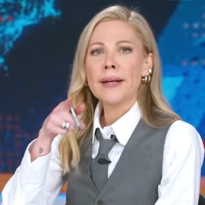 The Daily Show, Desi Lydic next to a collage of Kristi Noem's different outfits.