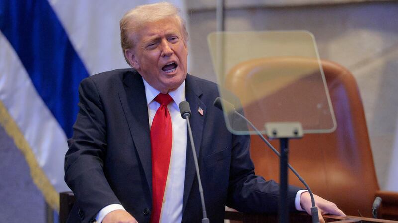 JERUSALEM - OCTOBER 13:  U.S. President Donald Trump addresses the Knesset, Israel’s parliament, on October 13, 2025 in Jerusalem. President Trump is visiting the country hours after Hamas released some of the remaining Israeli hostages captured on Oct. 7, 2023, part of a US-brokered ceasefire deal to end the war in the Gaza Strip.