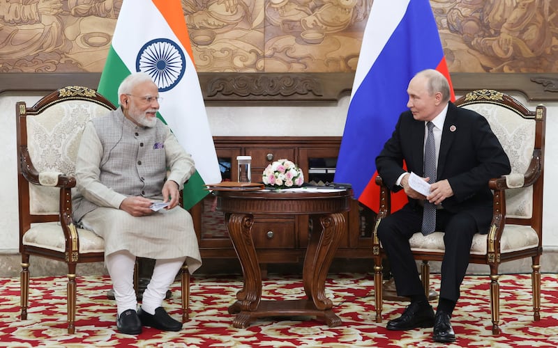 Russian President Vladimir Putin and Indian Prime Minister Narendra Modi attend a meeting on the sidelines of the Shanghai Cooperation Organisation summit in Bishkek, Kyrgyzstan, August 31, 2026. Sputnik/Pyotr Kovalyov/Pool via REUTERS ATTENTION EDITORS - THIS IMAGE WAS PROVIDED BY A THIRD PARTY.