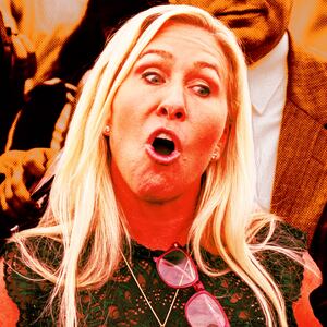 A photo illustration of Marjorie Taylor Greene on the Capitol.