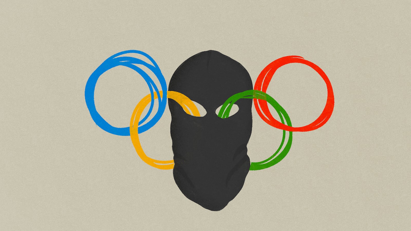 Illustration of a black terrorist hood with the olympic rings going through