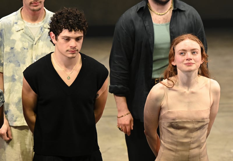 Noah Jupe and Sadie Sink on stage during the curtain call following the "Romeo & Juliet" West End Opening Night at the Harold Pinter Theatre on March 31, 2026 in London, England.