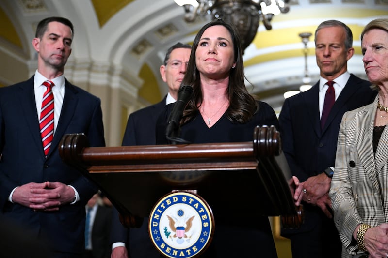 Senator Katie Britt (R-AL) speaks as Senate Republican leaders hold a press conference following their weekly policy lunch on Capitol Hill in Washington, D.C., U.S., March 10, 2026. REUTERS/Annabelle Gordon