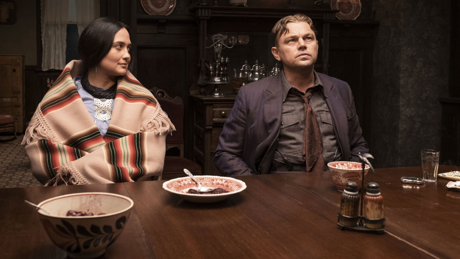 Photo still of Lily Gladstone and Leonardo DiCaprio in 'Killers of the Flower Moon'