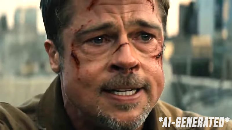 A screen grab from a AI-generated clip featuring Tom Cruise and Brad Pitt fighting.