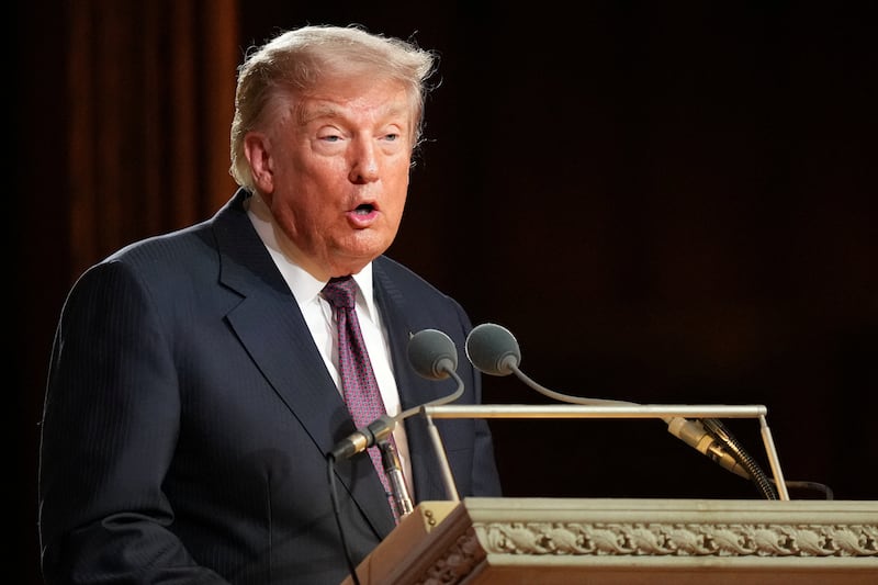 President Donald Trump speaks at the funeral of Sen. Lindsey Graham, R-S.C., at the Washington National Cathedral, Tuesday, July 28, 2026, in Washington.
