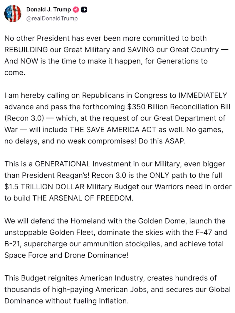 Screengrab of Trump's Truth Social post.