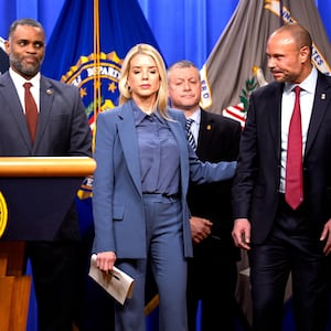 FBI Director Kash Patel, Bureau of Alcohol, Tobacco, Firearms and Explosives (ATF) Washington Field Office Special Agent in Charge Anthony Spotswood, Attorney General Pam Bondi, FBI Washington Field Office Assistant Director in Charge Darren Cox, and FBI Deputy Director Dan Bongino attend a news conference