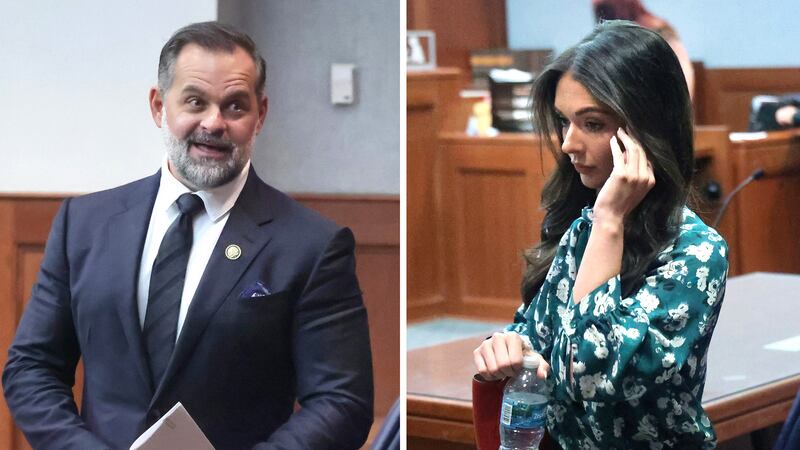 U.S. Rep. Cory Mills, left, leaves the courtroom in the Third Judicial Circuit in Lake City, Florida, Sept. 26, 2025. Mills' ex-girlfriend Lindsey Langston, right, a state GOP committeewoman and the reigning Miss United States, is seeking a restraining order against Mills.