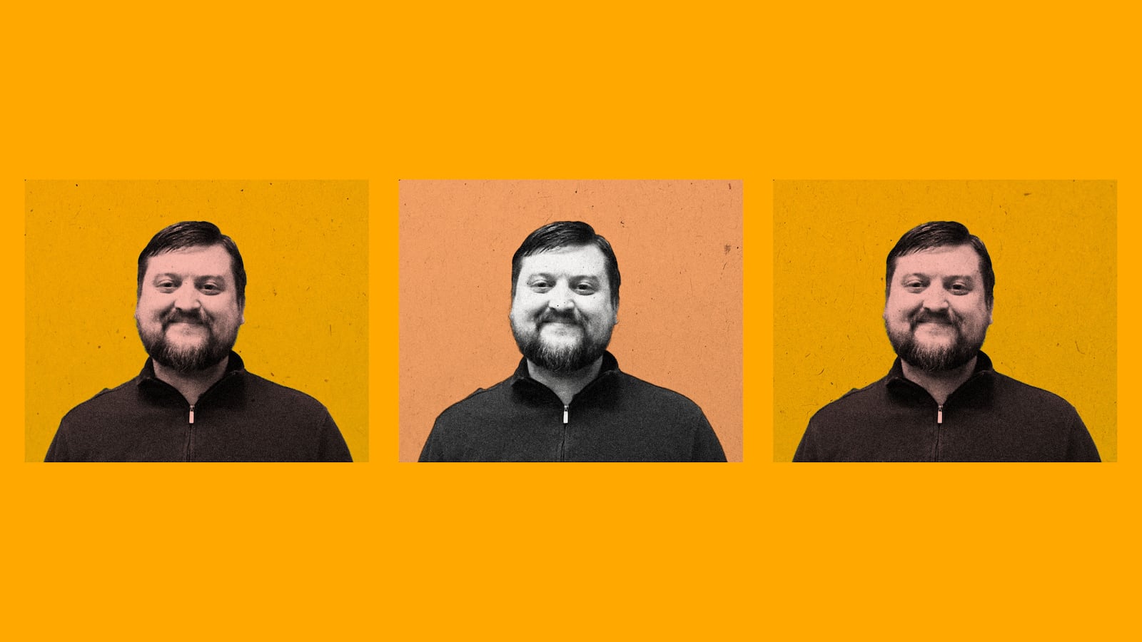 Photo illustration of photo of Jason Farrell on an orange background