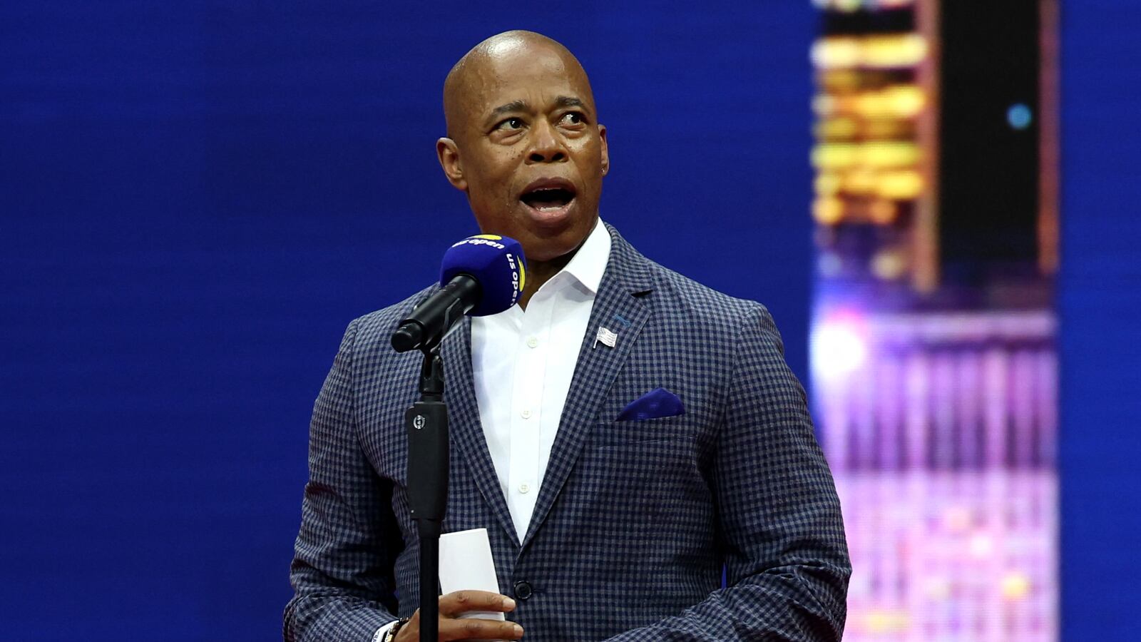 Mayor Eric Adams speaks before the first round match between Coco Gauff of the U.S. and Germany's Laura Siegemund