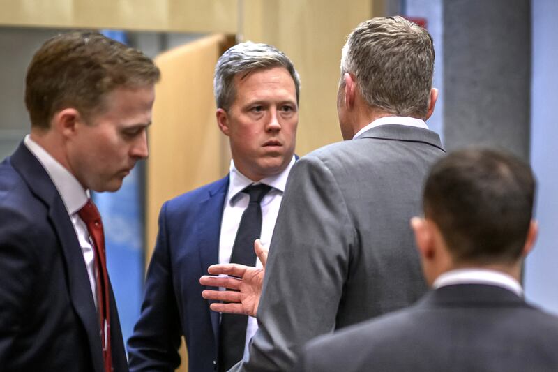 Army Secretary Dan Driscoll, pictured speaking with staff after a closed-door talks with the Ukrainian delegation in Geneva on November 23, is now meeting with the Russian delegation in Abu Dhabi as the Trump administration looks to broker a deal to end the war.
