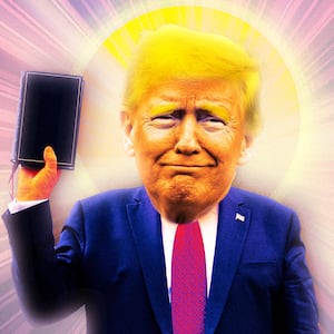 A photo illustration of Donald Trump holding up a Bible.