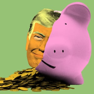 Donald Trump's head coming out of a broken piggy bank