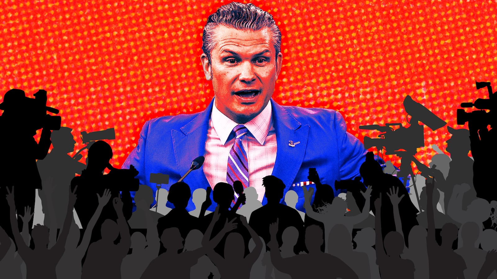 A photo illustration of Pete Hegseth and a crowd of press corps.