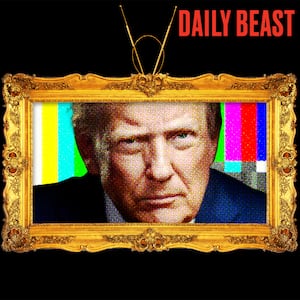 Donald Trump inside a gold-framed TV