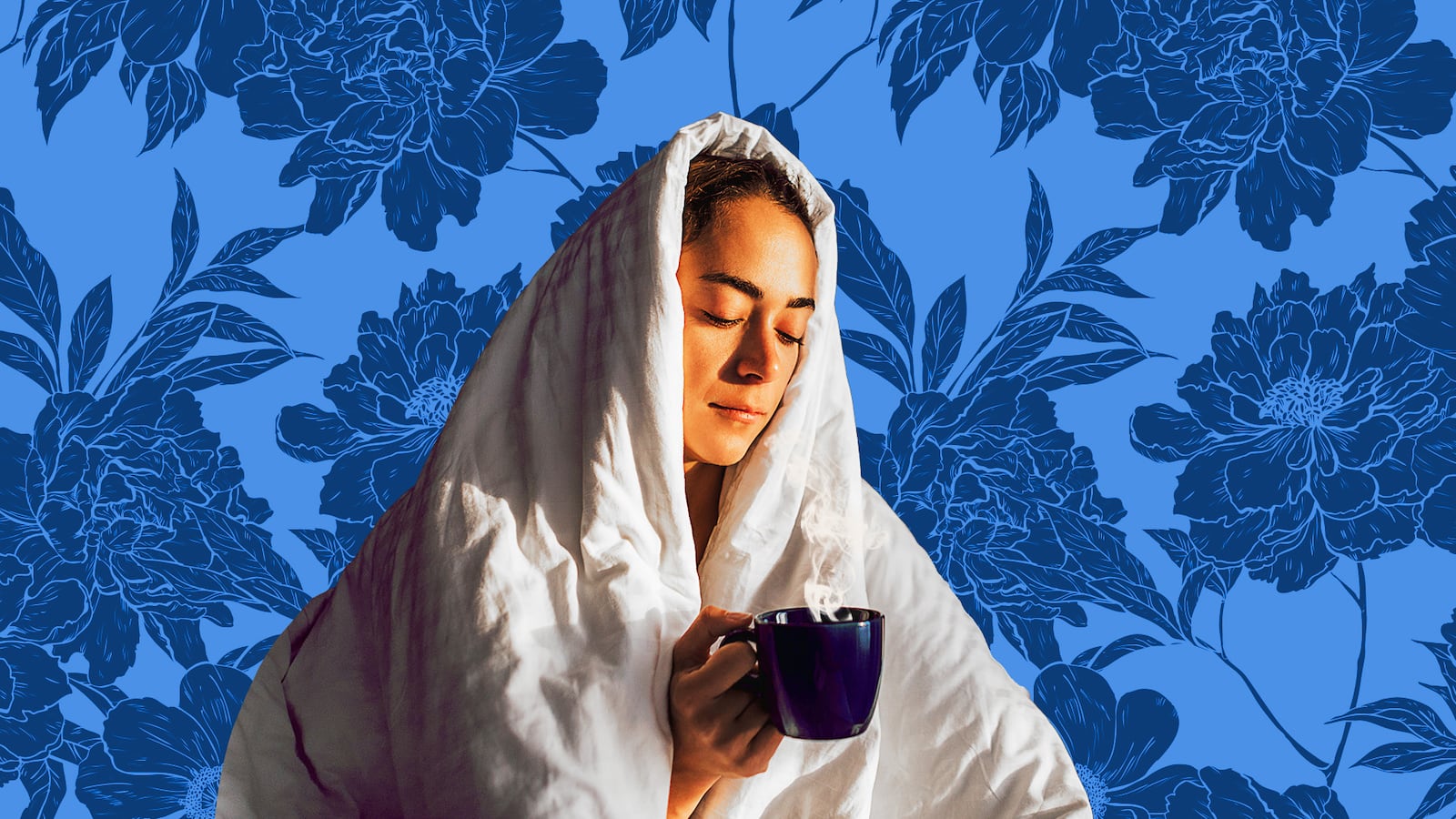 A woman wrapped in a weighted blanket.