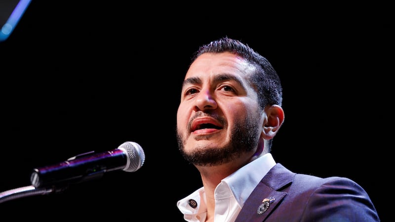 U.S. Senate Democratic candidate Abdul El-Sayed speaks on stage, with vote counting continuing for Michigan's Democratic U.S. Senate primary, during an election night rally in Detroit, Michigan, U.S., August 5, 2026. REUTERS/Rebecca Cook