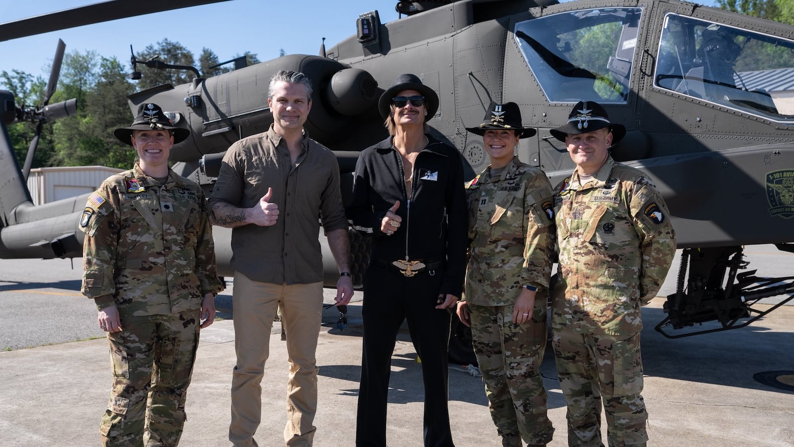 Hegseth and Kid Rock with Apache pilots.