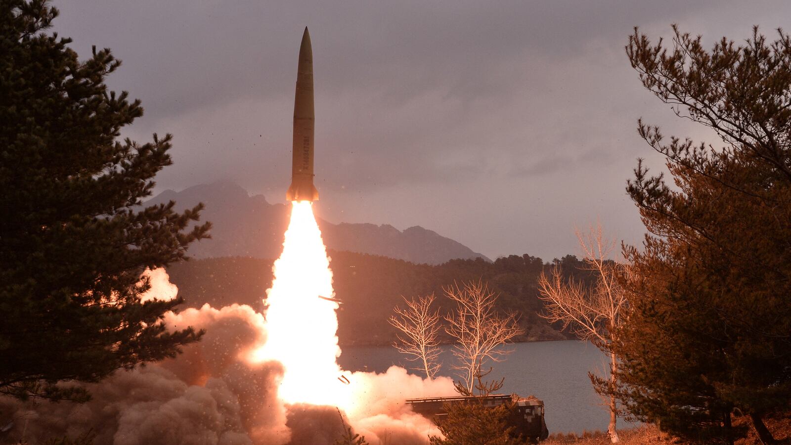 A missile launches from North Korea surrounded by trees