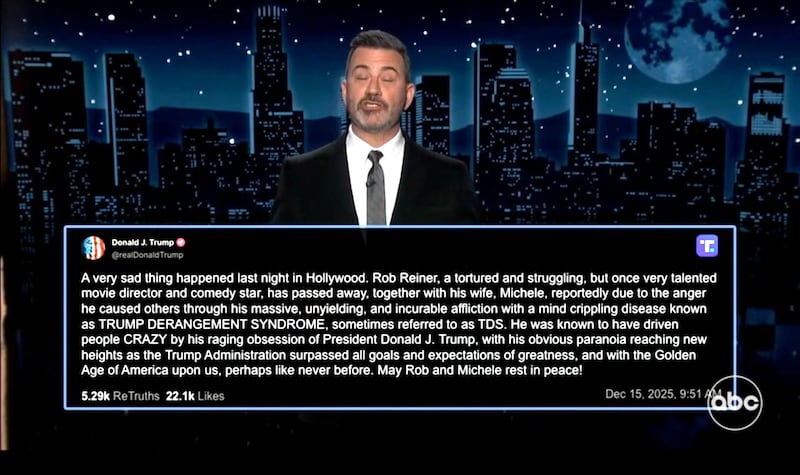 Jimmy Kimmel Live! Kimmel showing Trump's Truth Social response to Rob Reiner's death.