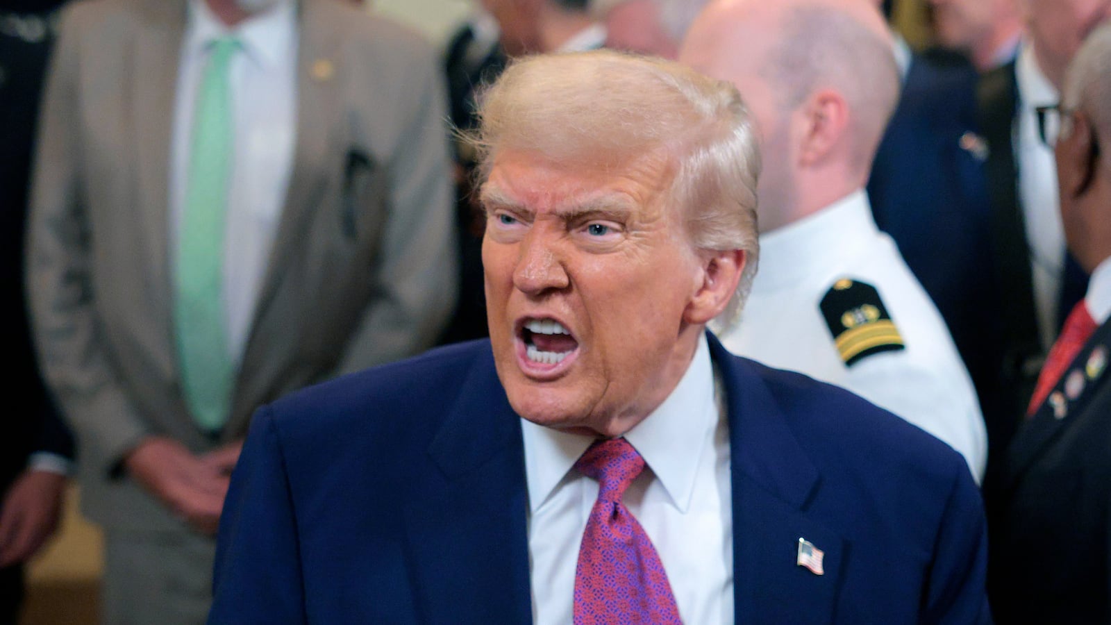 President Donald Trump responds to a reporters question as he leaves after signing a series of bills related to California’s vehicle emissions standards during an event in the East Room of the White House on June 12, 2025 in Washington, DC.