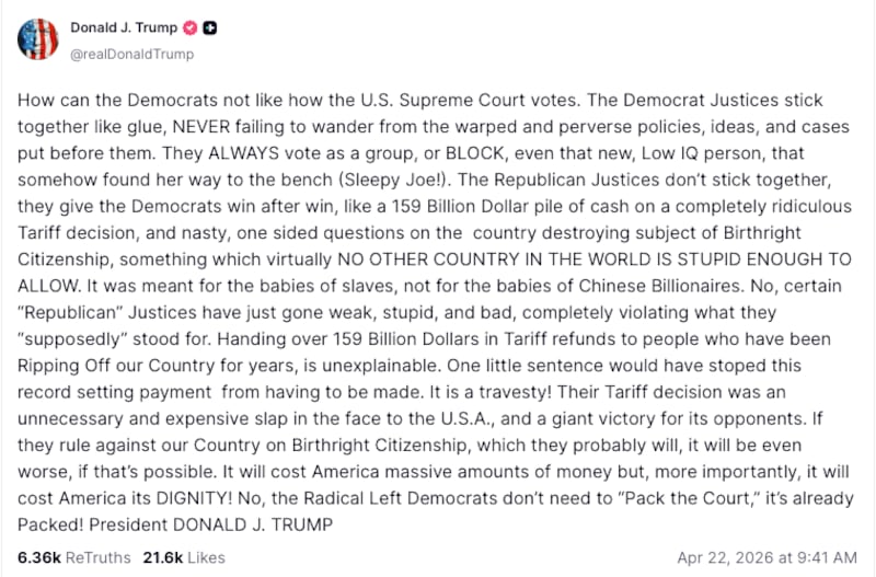 Trump attacked the Supreme Court for ruling against him on tariffs and questioning his attempt to end birthright citizenship.