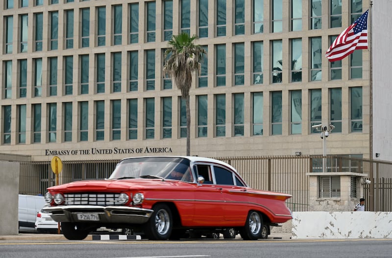A car drives past the US embassy in Havana, on March 18, 2024.