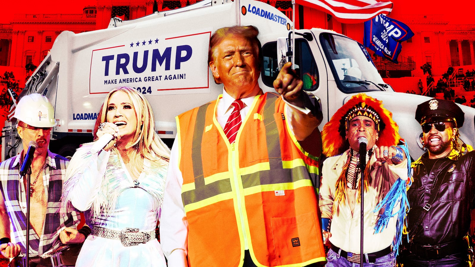 A photo illustration of Donald Trump, the Village People, Carrie Underwood, and the Donald Trump garbage truck.