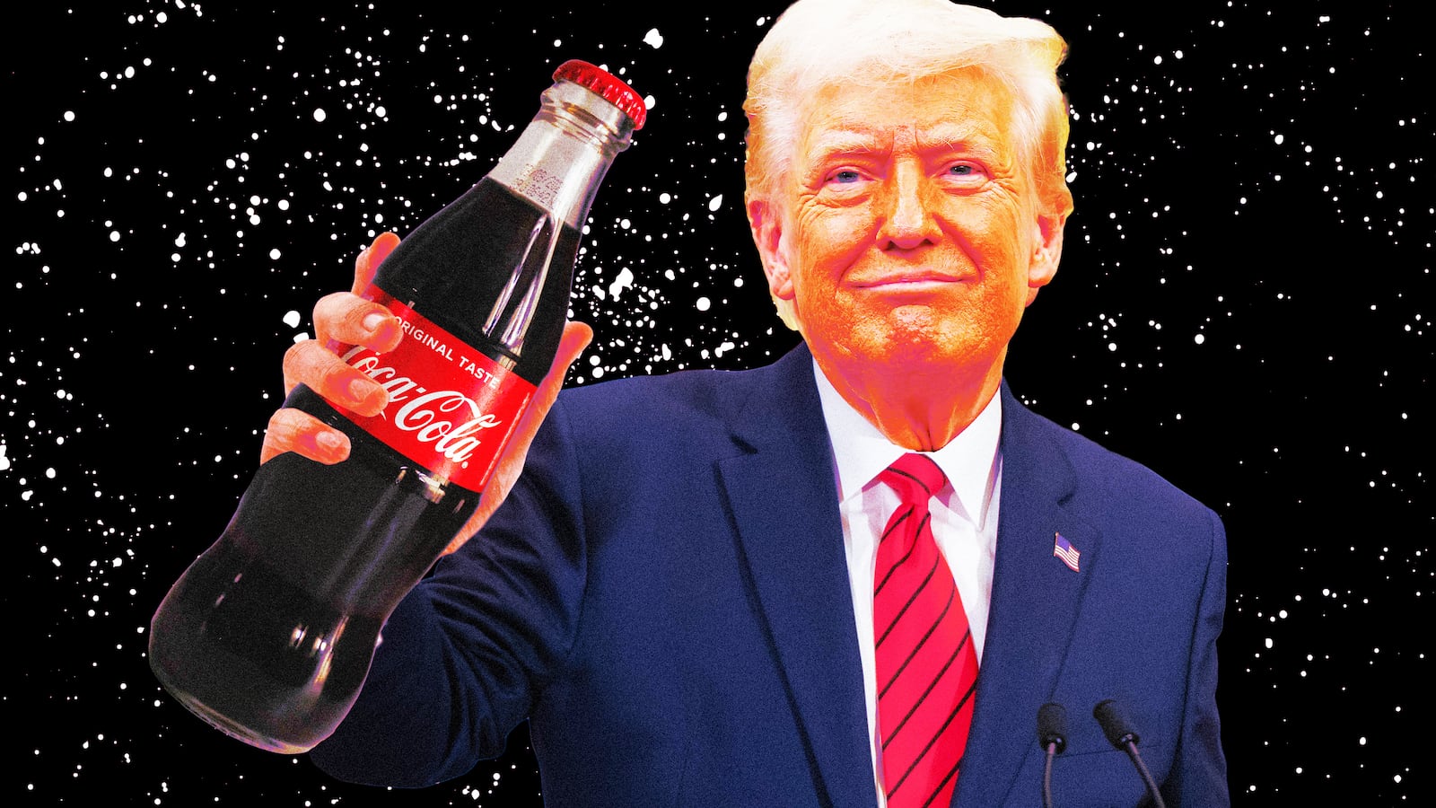 A photo illustration of President Donald Trump holding up a bottle of Coca-Cola.