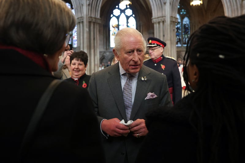 King Charles III meets community groups during his visit to Lichfield Cathedral, with a focus on the Fenland Black Oak Table, The Table for the Nation on Oct. 27, 2025 in Lichfield, Staffordshire.
