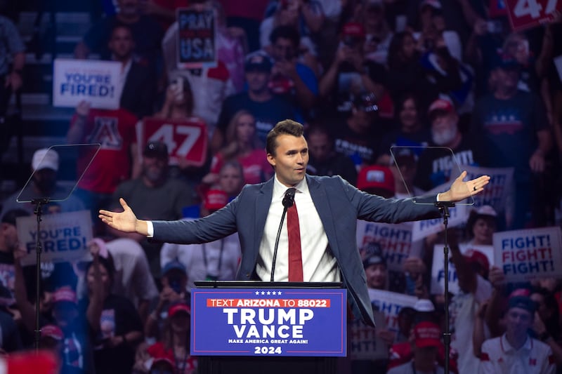 Charlie Kirk speaks during a campaign rally for Donald Trump at Desert Diamond Arena on August 23, 2024 in Glendale, Arizona.