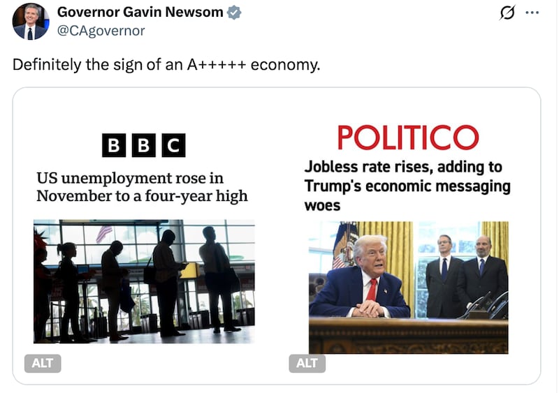 Gavin Newsom trolls Donald Trump on X after his address to the nation.