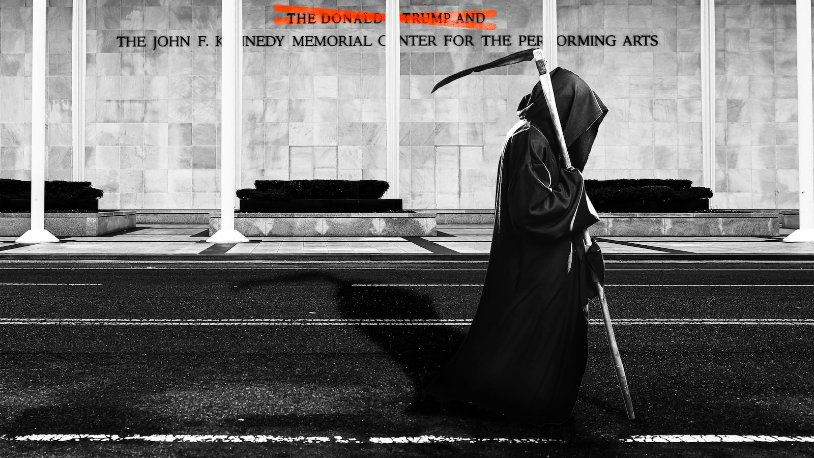 Donald Trump and John F Kennedy Memorial Center for the Performing Arts with the grim reaper