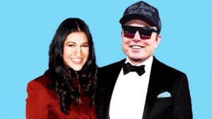 Katie Miller with husband Stephen Miller with Elon Musks's face falling down over Stephen's