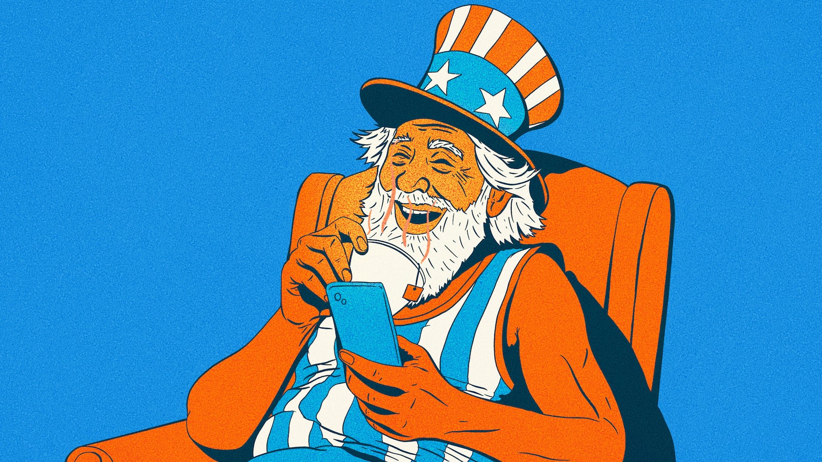 Illustration of Uncle Sam sitting on a chair looking at a cell phone and holding a cup of steaming tea