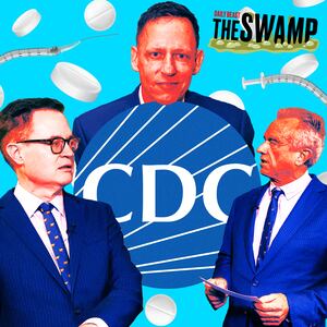 A photo illustration of Health Secretary Robert F. Kennedy Jr., right, swearing in Jim O’Neill as his deputy, the CDC logo, and Peter Thiel.