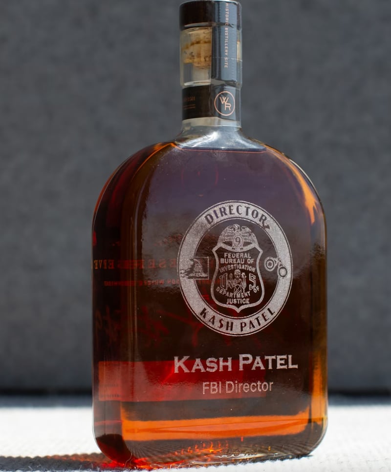 A Kash Patel-branded bottle of bourbon.