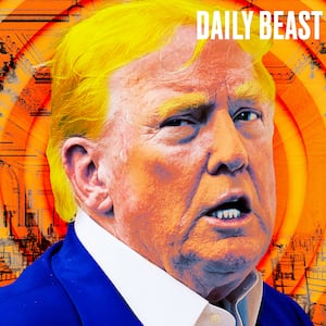 A photo illo illustration of Donald Trump for the Daily Beast podcast and his ballroom.