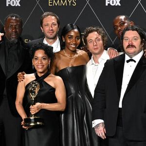 Cast members of "The Bear", (from L) US actress Abby Elliott, US actor Oliver Platt, US actor Edwin Lee Gibson, US actress Liza Colon-Zayas, US actor Ebon Moss-Bachrach, US actress Ayo Edebiri, US actor Jeremy Allen White, US actor Lionel Boyce and Canadian chef and actor Matty Matheson