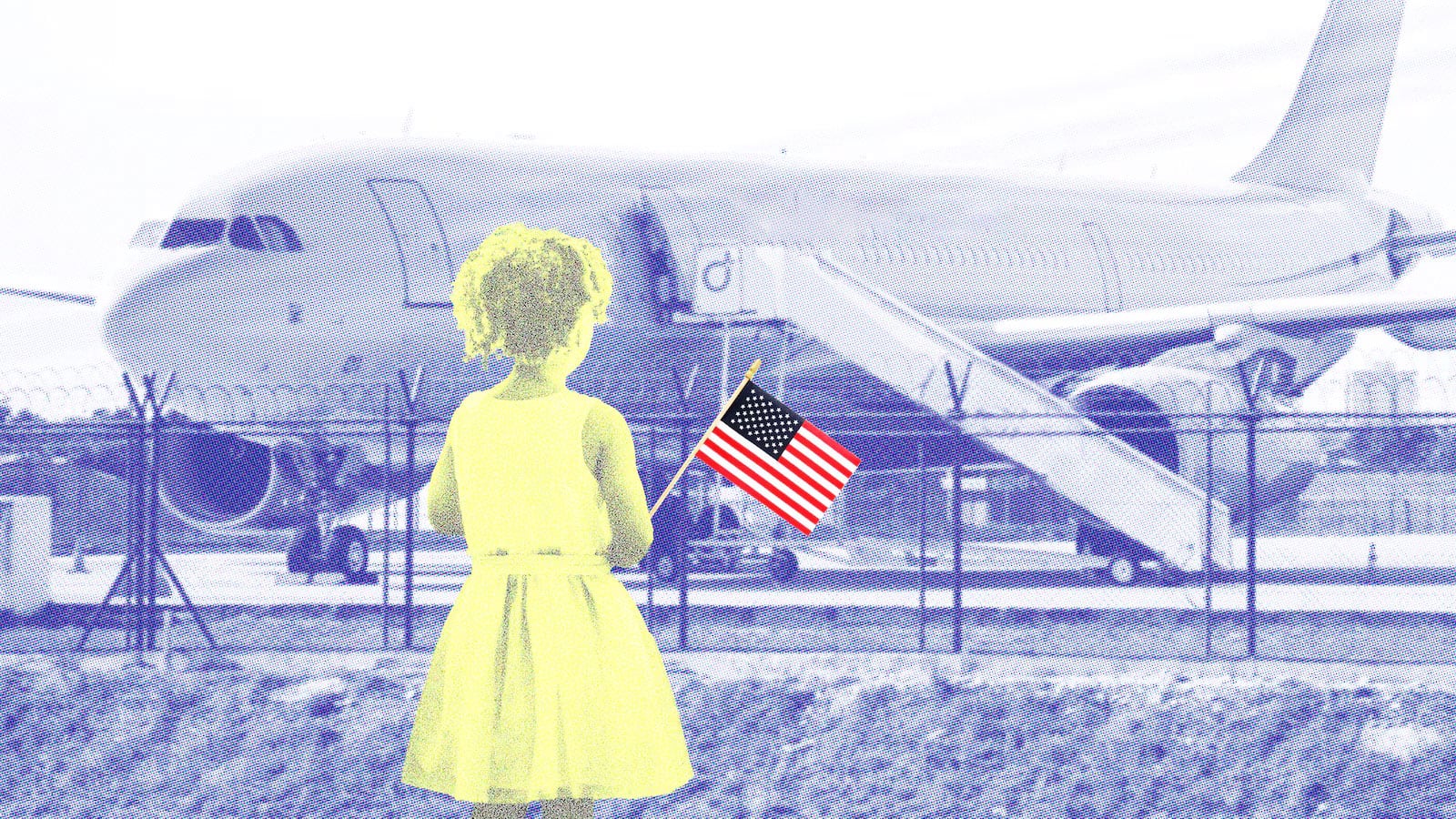 A girl in the foreground in yellow against a blue background with a fence and a plane.