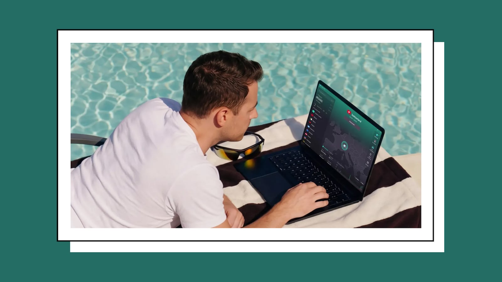 A man lounging poolside on a striped towel uses a laptop displaying the Proton VPN app, connected to a Switzerland server, with sunglasses resting beside him and turquoise pool water in the background.