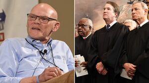 James Carville (left); Supreme Court Justices Clarance Thomas, Brett Kavanaugh, and John Roberts (right)