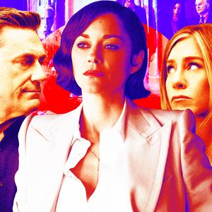 A photo illustration of Jon Hamm, Marion Cotillard, and Jennifer Aniston in The Morning Show.