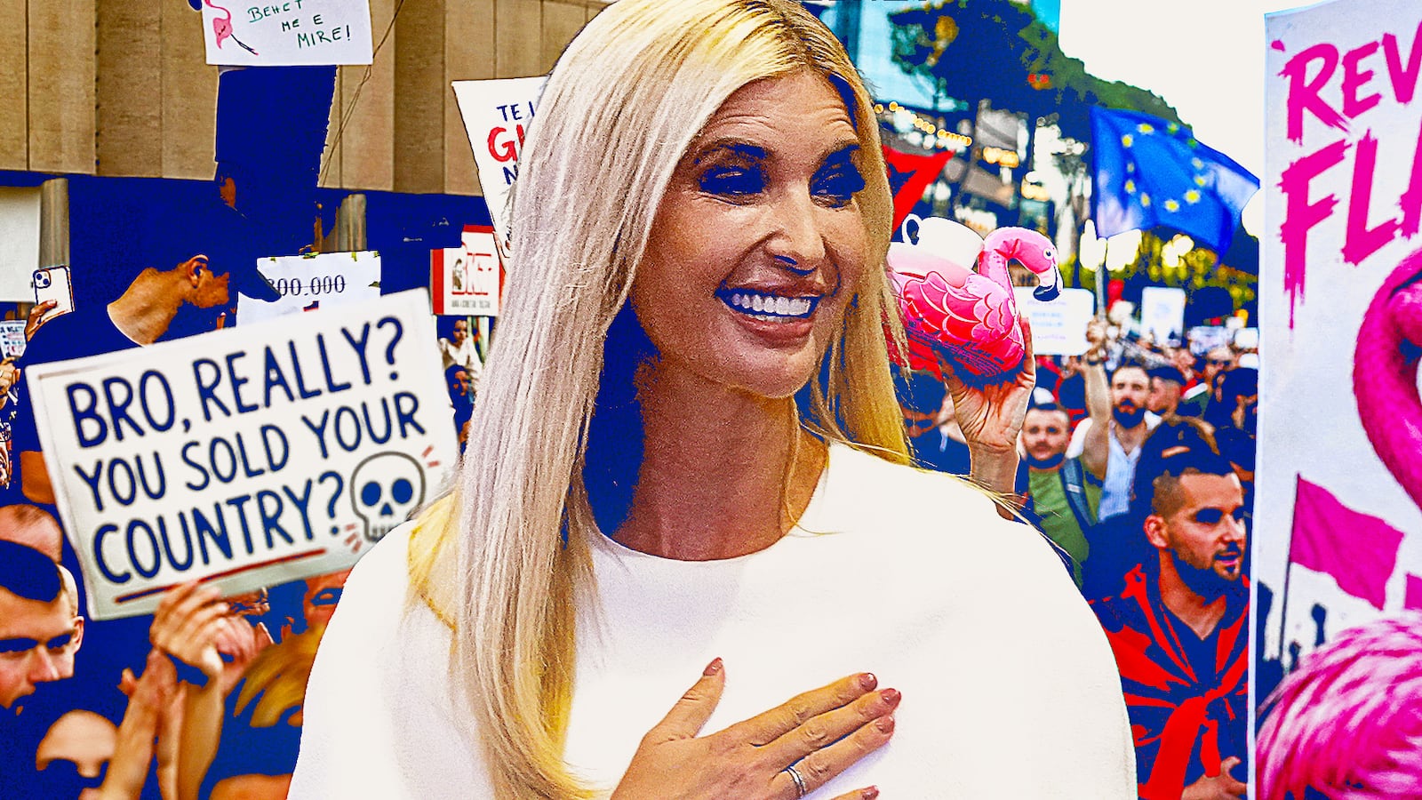 Ivanka Trump in front of protesters.