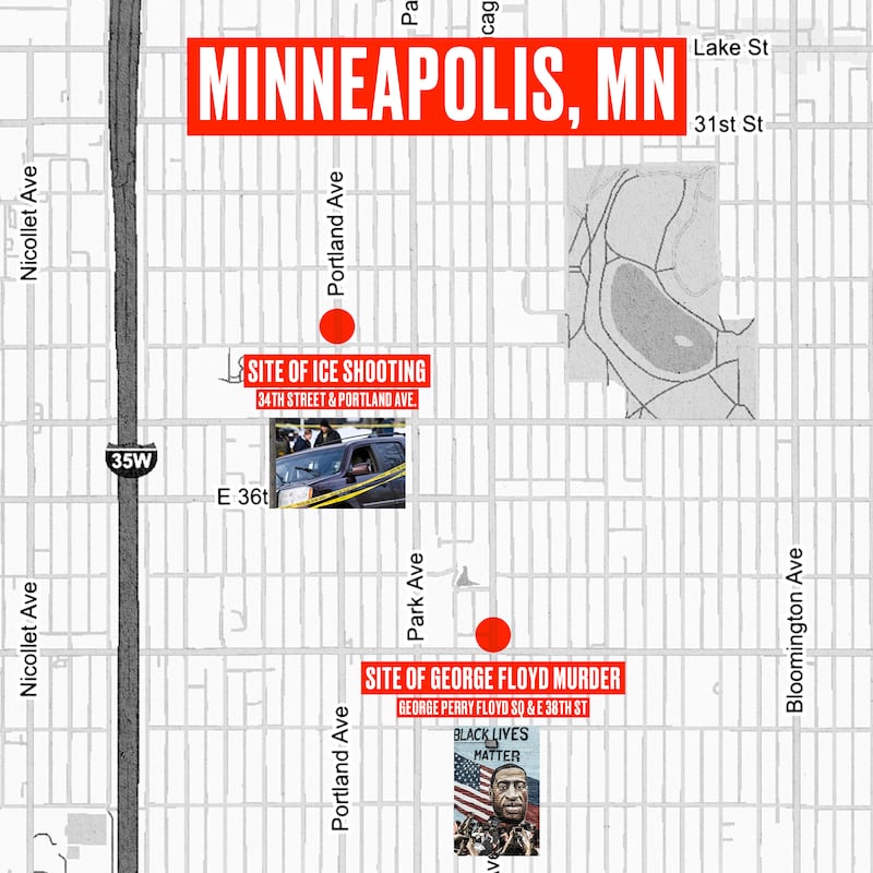 Map of Minneapolis, Minnesota showing the locations of the shooting of an unarmed American citizen woman just a mile from where George Floyd was murdered